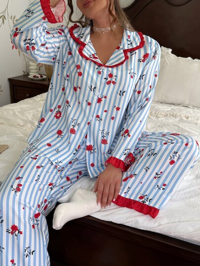 CottageSlumber Plus Size Women's Striped Floral Print Long Sleeve & Long Pants Pajama Set, Ruffle Trim, Romantic Pastoral Style, Comfortable Home Sleepwear Set