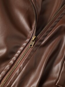 GlowEve CURVE Plus Size Women's Solid Color PU Leather Fashion Versatile Long Sleeve Jacket - Brown - View 3
