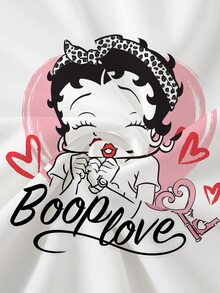 Betty Boop x SHEIN بلوزة رياضية كاجوال يومية بأكمام طويلة وياقة دائرية بنقشة كرتونية مقاس كبير - أبيض - مشاهدة 6