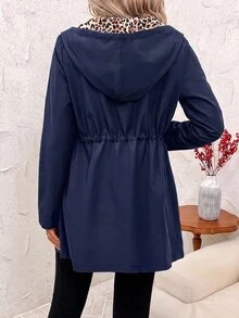 SHEIN Clasi 女款豹紋可正反穿連帽夾克，秋季公路旅行外出穿搭，黑白豹紋街頭休閒風 - 藏蓝色 - 查看 2