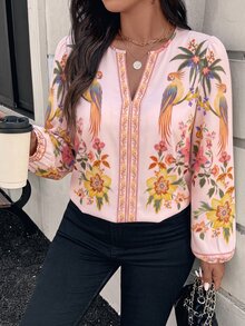SHEIN VCAY 大尺碼花卉印花缺口V領女式襯衫 - 彩色 - 查看 4