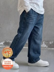 青少年男孩深藍色牛仔長褲，寬鬆舒適版型，適合秋冬穿著 - 藍色 - 查看 1
