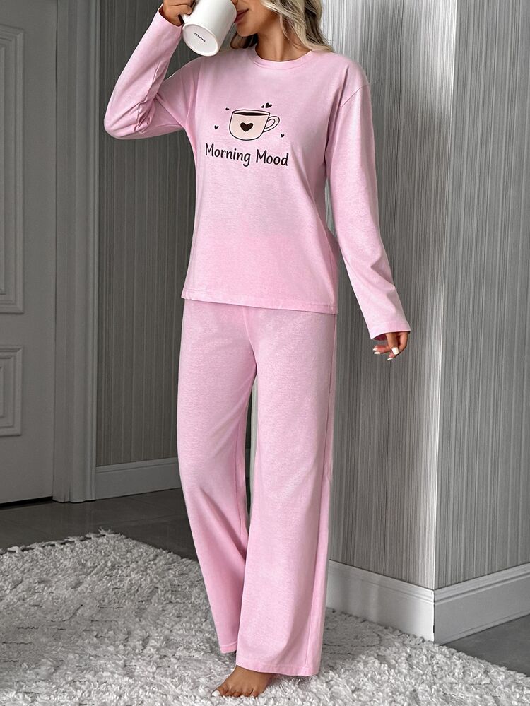 SHEIN Women's Morning Mood Coffee Graphic Long Sleeve Top & Pants Pajama Set - Pink - View 3
