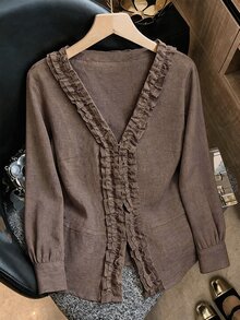 Franclia Women's Long Sleeve Ruffle V-Neck Blouse, Elegant Casual Commute Vacation Style - Coffee Brown - View 1