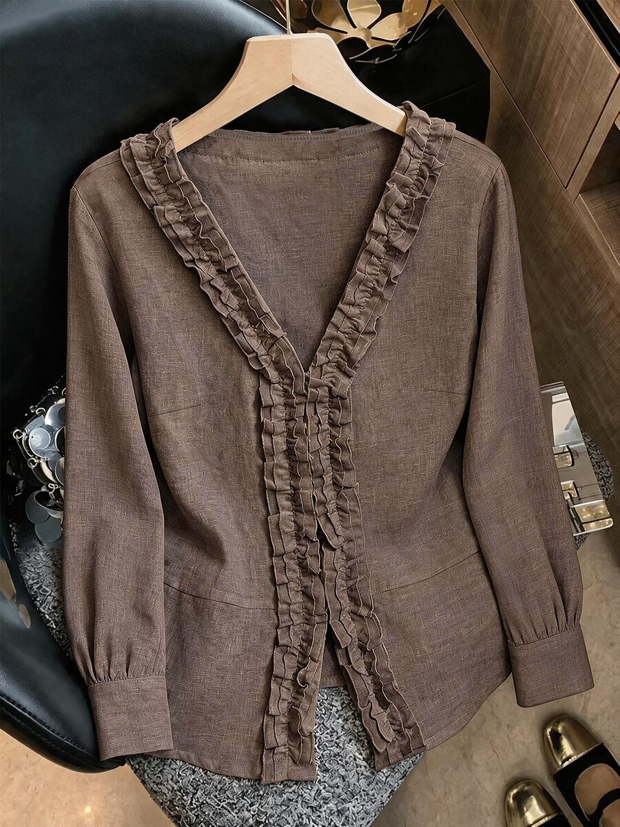 Franclia Women's Long Sleeve Ruffle V-Neck Blouse, Elegant Casual Commute Vacation Style - Coffee Brown - View 1