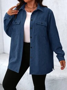 SHEIN LUNE Plus Size Women's Solid Color Long Sleeve Utility Pocket Casual Jacket, Spring & Fall Winter Autumn - Blue - View 3