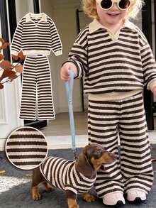 SHEIN Baby Girl Thick Elastic Ribbed Half-Zip Pullover Top And Straight Leg Thick Pants, Suitable For Winter - Brown - View 1