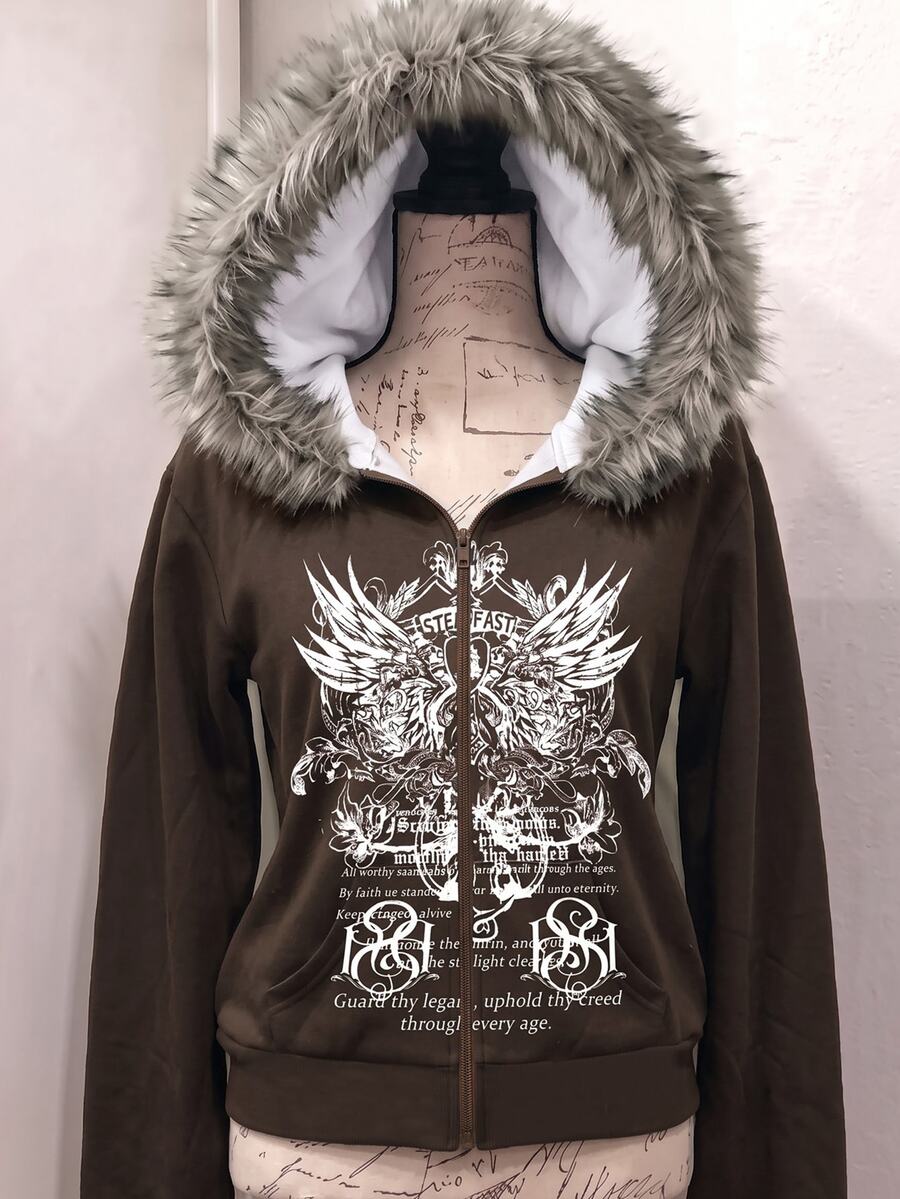 SHEIN 青少年女孩街頭風翅膀印花拉鍊連帽衛衣,秋季休閒毛絨飾邊連帽衛衣,假日款 - 棕色 - 查看 1