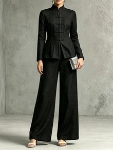 Linhara CURVE Plus Size Autumn/Winter Premium Black Stand Collar Front Button New Chinese Style Long Sleeve Straight Leg Pants With Pockets 2 Pieces Set - Black - View 1