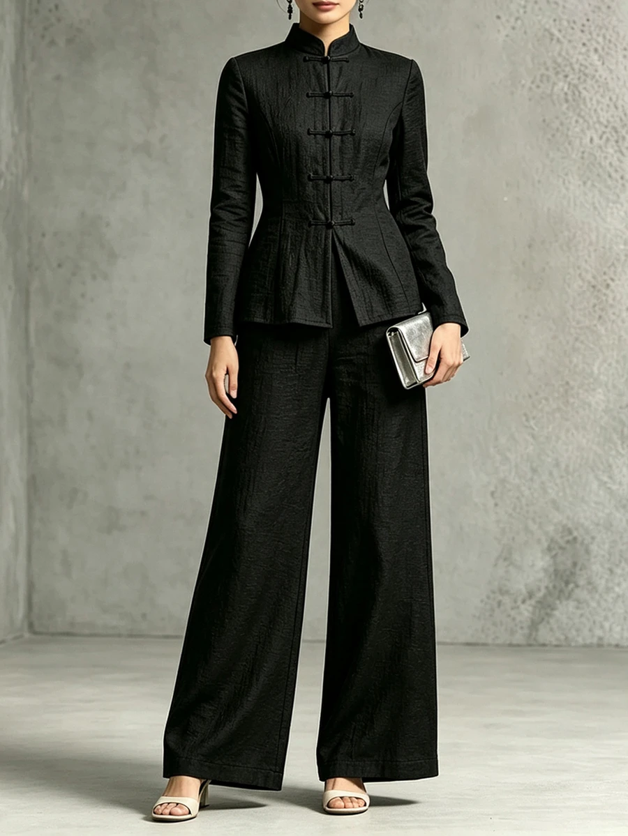 Linhara CURVE Plus Size Autumn/Winter Premium Black Stand Collar Front Button New Chinese Style Long Sleeve Straight Leg Pants With Pockets 2 Pieces Set - Black - View 1