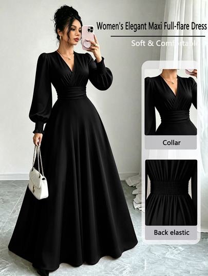Elenzga Vintage Burgundy Cross V-Neck Ruched Waist Long Dress, Gentle Elegant Puff Long Sleeves With Elastic Cuffs, Flowy Full Skirt, Slimming Elegant Commute Banquet Women's Dress