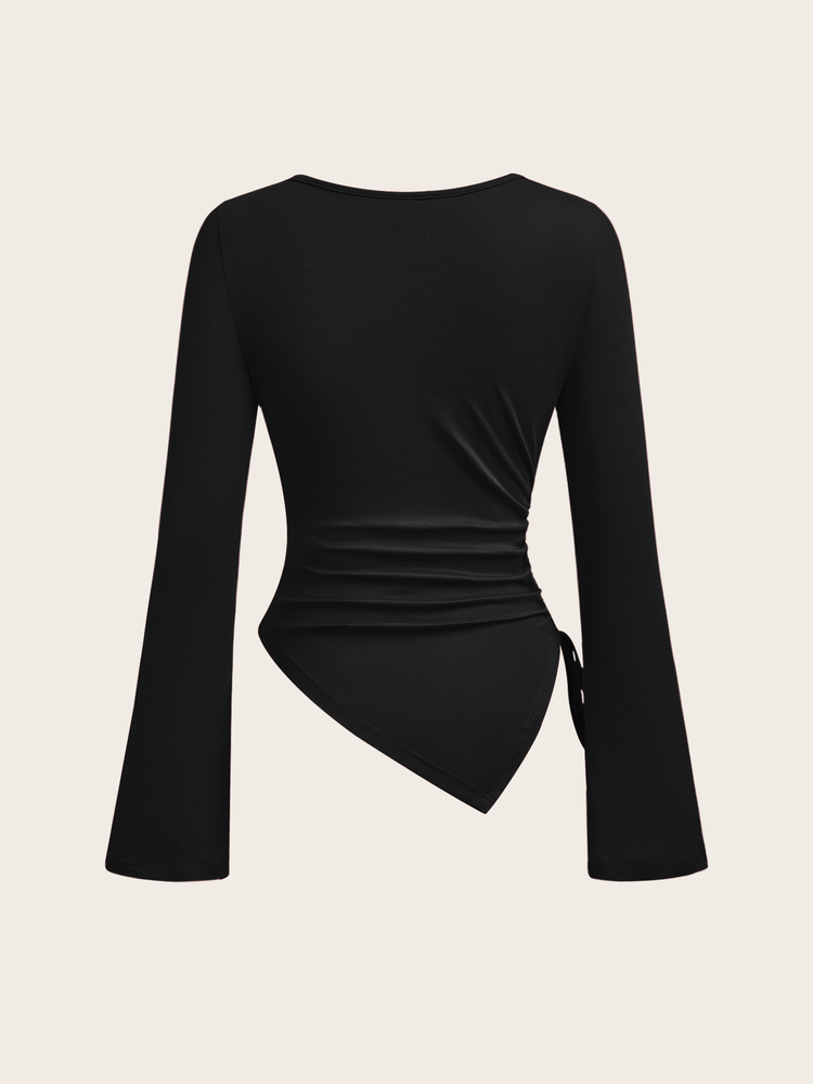 SHEIN EZwear 女款純色長袖圓領T恤，側邊抽繩抓皺設計與不對稱下擺（2件組） - 彩色 - 查看 4