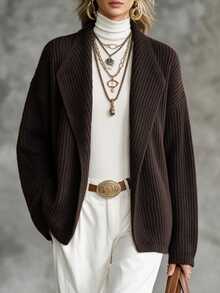 SHEIN Waterfall Collar Drop Shoulder Cardigan - Chocolate Brown - View 4