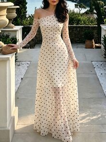 SHEIN PariChic Women's Fashion Polka Dot Asymmetrical Shoulder Mesh Long Sleeve Ruched Waist Flared Slimming Long Dress, Suitable For Party, Date, Dinner, Vacation - Apricot - View 4