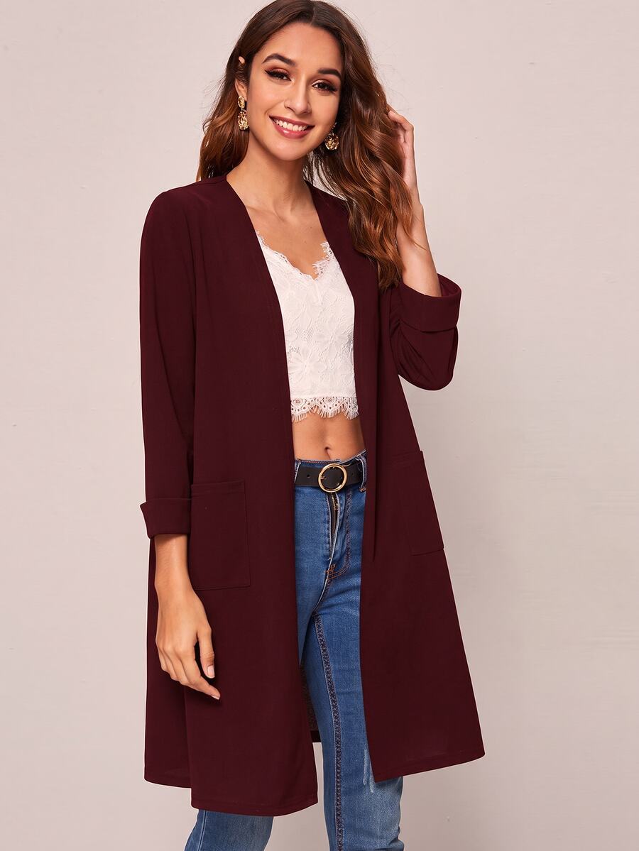 SHEIN LUNE 秋冬款休閒開襟口袋設計大衣 - 酒紅色 - 查看 1