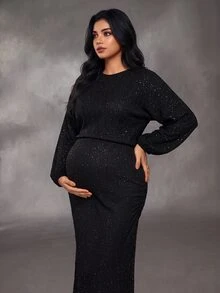 Cheriluna Maternity فستان أسود من قماش منسوج بمقاس كبير للحوامل، أنيق بأكمام فانوس وياقة دائرية وقصة ضيقة مع ذيل سمكة - الأسود - مشاهدة 3