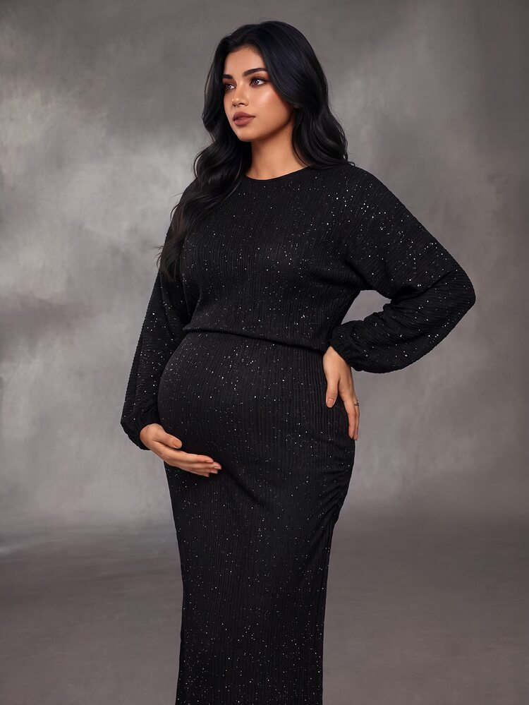 Cheriluna Maternity 大尺碼孕婦優雅燈籠袖圓領貼身魚尾下擺黑色紋理布料洋裝 - 黑色 - 查看 3