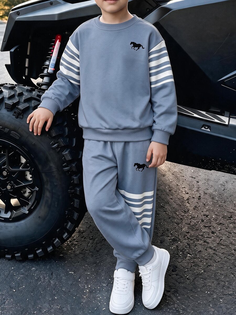 Teen Boy Casual Minimalist Long Sleeve Comfortable Crew Neck Sweatshirt And Pants 2 Pieces Set, Suitable For Autumn/Winter, Classic Retro Striped Pattern Print, Exquisite Small Horse Logo Print, Perfect For Back To School Season - Multicolor - View 1