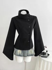 Elamini High Neck Double-Breasted Decor Flared Sleeve Overcoat - Black - View 3