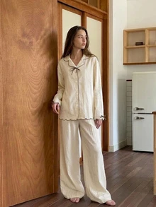 Livesso Women's Color Block Bow Decor Long Sleeve Top And Pants Casual Daily Pajama Set - Beige - View 8