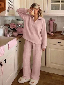 DAZY Autumn/Winter Simple Knit Women's Pajama Set For Home - Pink - View 9