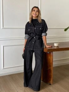 DAZY Women's Knot Waist Long Sleeve Top And Long Pants Casual Daily Denim Set Fall - Dark Wash - View 5