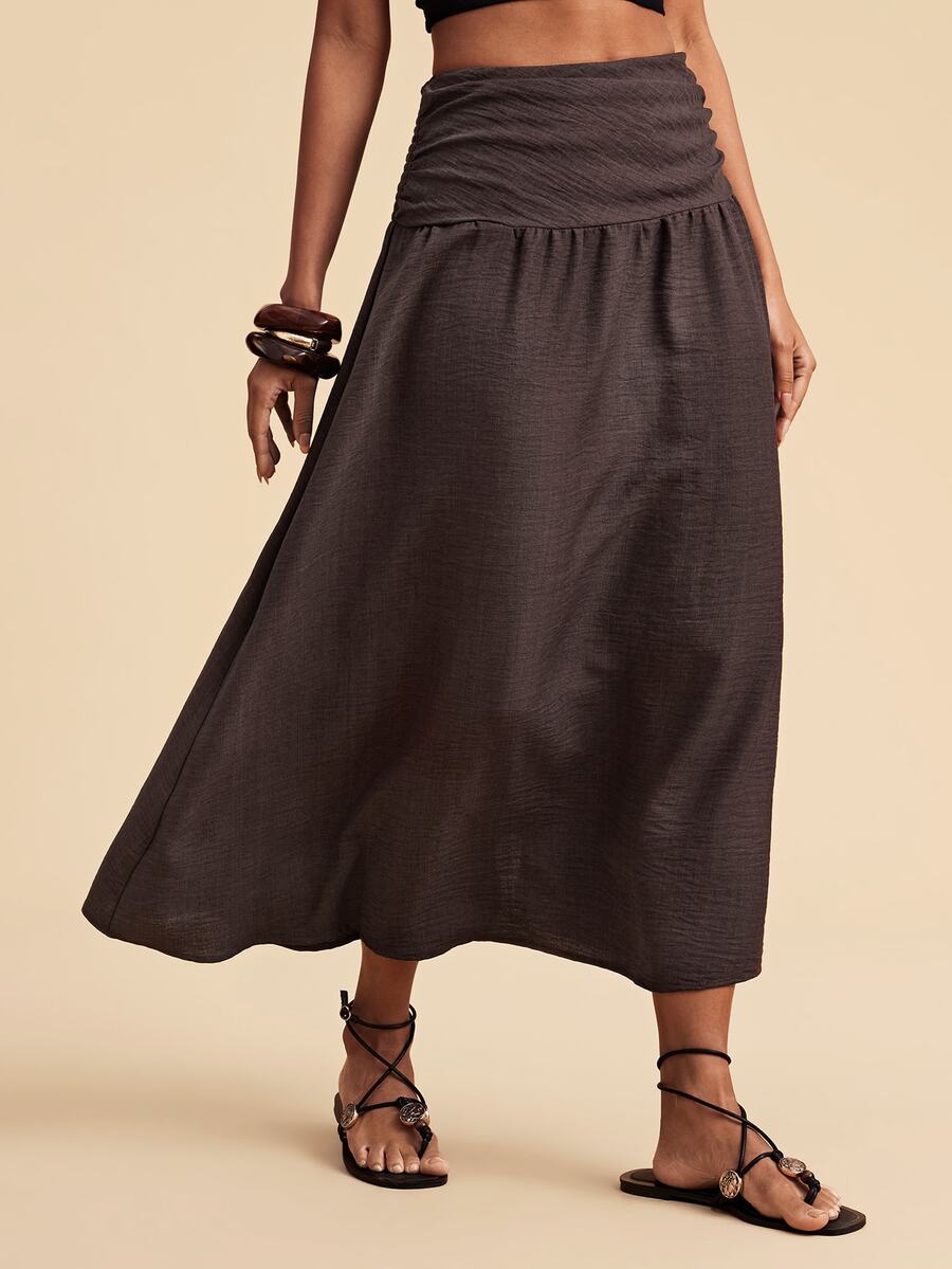 Travachic Women's Solid Color High Waist Pleated Casual Skirt - Coffee Brown - View 1