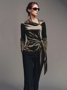 MOTF PREMIUM Combined Structure Strappy Long Sleeve Velvet Top, Autumn/Winter - Coffee Brown - View 1