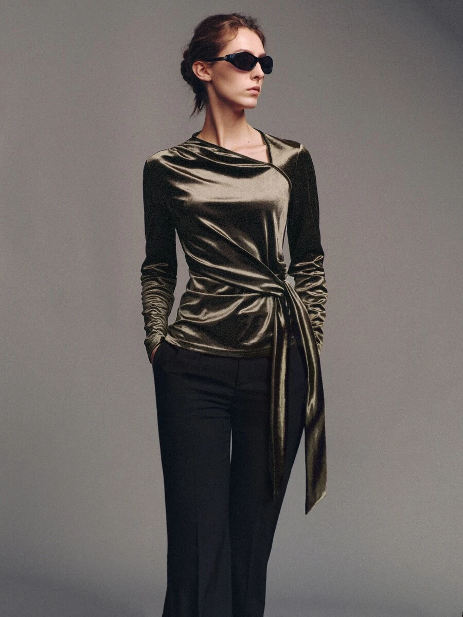MOTF PREMIUM Combined Structure Strappy Long Sleeve Velvet Top, Autumn/Winter - Coffee Brown - View 1
