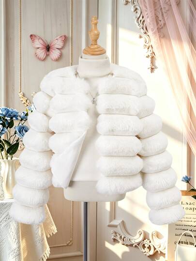 SHEIN Girls' Jacket, Cute Casual Fashion Style, White Fuzzy Comfortable, Suitable For Spring, Summer, Autumn, Perfect For Outings, Shopping, Travel And Parties