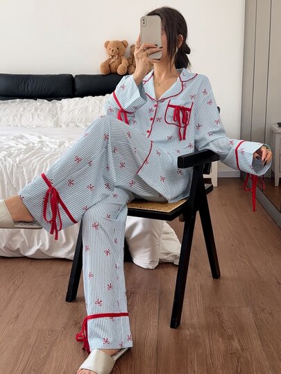 SHEIN Sweet Striped Pajamas Women Autumn New Long Sleeve Loose Fit Homewear 2 Pieces Set