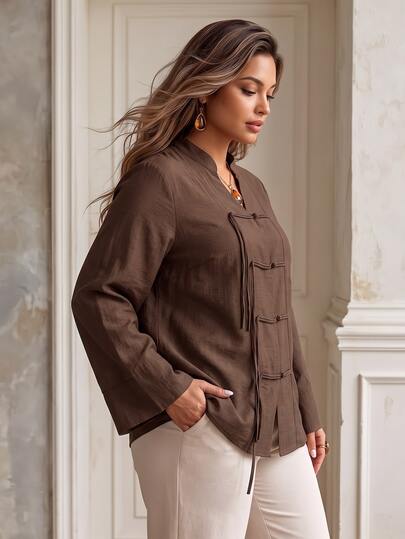 Ceyna Women's Spring/Autumn Single-Ply Linen Blend Striped French Style Elegant Sophisticated Office Commute Casual Vacation Romantic High-End Beach Party Afternoon Tea New Chinese Style Small Stand Collar Dropped Shoulder Front Center Fabric Frog Button Decor Loose Lazy Korean Old Money Style Wide Bell Sleeve Long Sleeve Coffee Color Blouse
