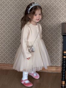 DAZY Infant/Toddler (Girl) Round Neck Mesh Patchwork Korean Style Long Sleeve Patchwork Dress - Apricot - View 3