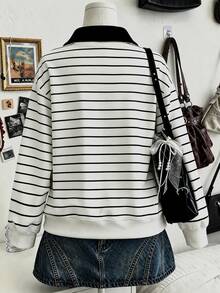 Collagica Collagica Vintage Equestrian Graphic Striped Half-Zip Collared Sweatshirt Casual Pullover - Grey - View 2