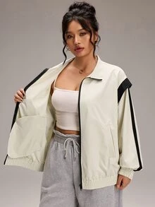 EMERY ROSE Plus Size Women's Colorblock Long Sleeve Zip-Up Casual Jacket - Beige - View 9