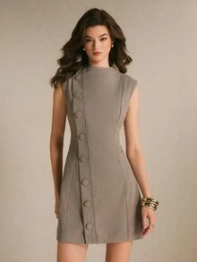 Poéselle Women's Solid Color Single-Breasted Casual Commute Mini Dress - Brown - View 3