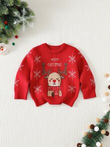 SHEIN 嬰兒男/女童、幼兒秋冬保暖內裡加厚可愛馴鹿聖誕毛衣，嬰兒聖誕毛衣 - 紅色 - 查看 4