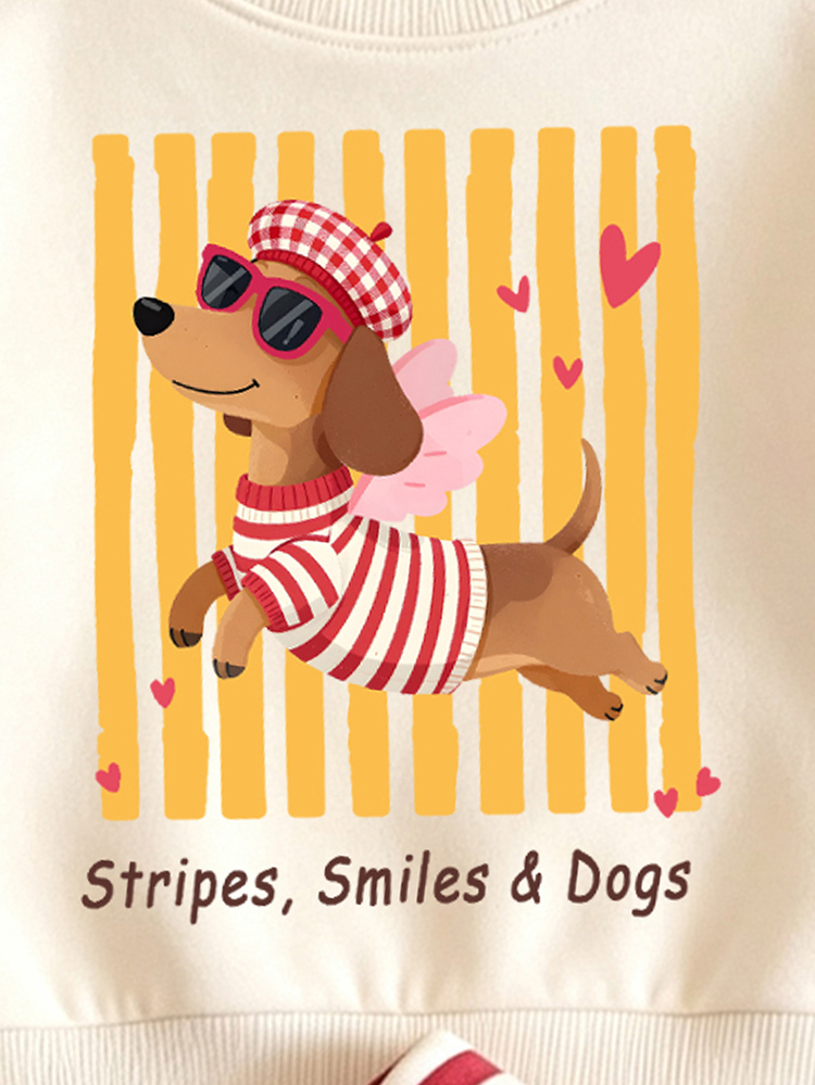 (1 Set) Baby Girls Autumn/Winter Casual Cute Puppy Heart Red & White Vertical Striped Crew Neck Sweatshirt With Wide Leg Pants - Multicolor - View 6