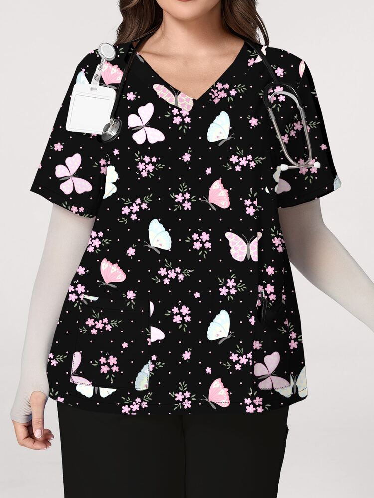 PopScrub Black Hand-Painted Pink-Blue Gradient Sweet Butterfly & Floral Print Scrub Top, Fashion V-Neck Short Sleeve Double Pocket Side Slit Workwear For Women, Cute Scrub Uniform Top, Healthcare Scrub Jacket - Multicolor - View 4