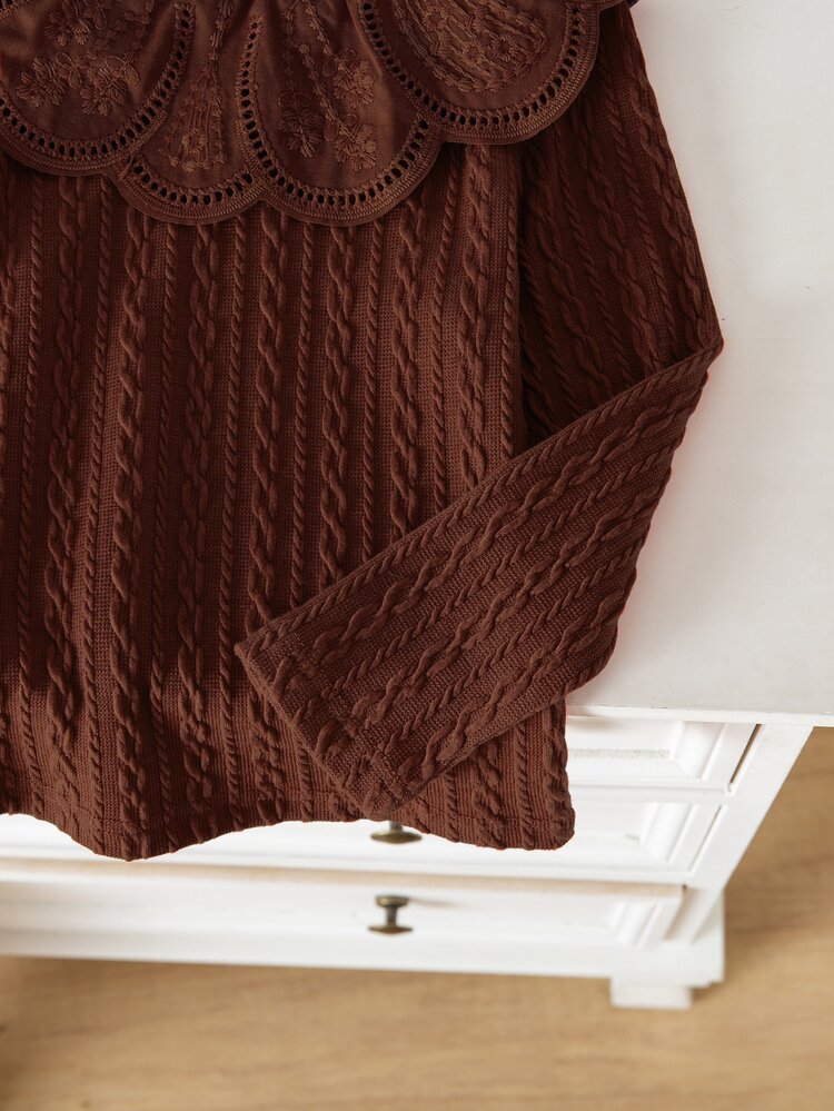 Genkimix Kids Cute Young Girl Ruffle Collar Texture Fabric Round Neck Long Sleeved T-Shirt Suitable For Winter - Brown - View 6