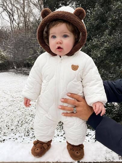 SHEIN Baby Boy Baby Girl Baby Boy Cartoon Bear Patchwork Contrast Color Hooded Long Sleeve One-Piece Jacket Coat Autumn/Winter Snowsuit