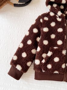 SHEIN LMoss Kids Baby Girl Casual Solid Color Cute Heart Pattern Fuzzy Hooded Winter Jacket - Multicolor - View 3