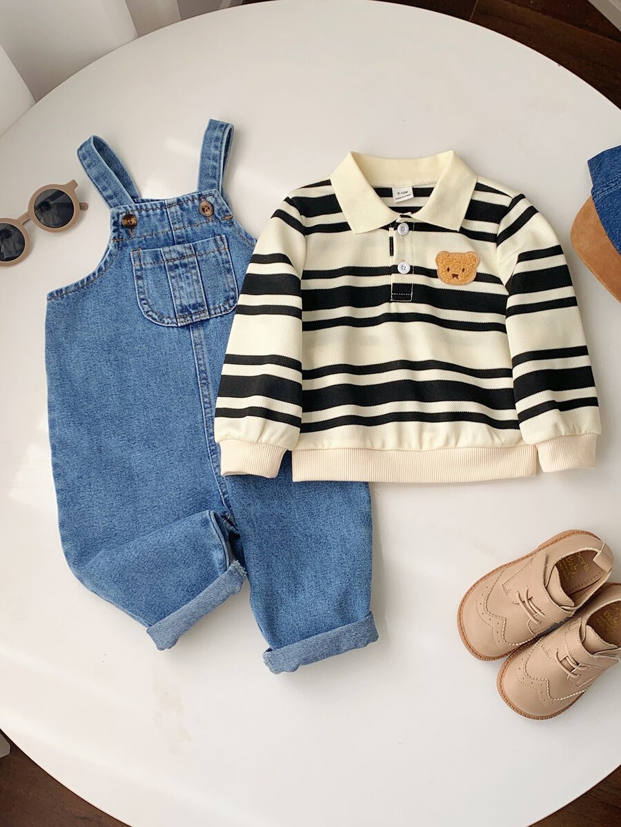 SHEIN 2pcs Baby Boy Autumn/Winter Casual Striped Sweatshirt & Denim Overalls Long Pants Set, Sweatshirt Set, Infant Set, Autumn/Winter Set, Overalls Set, Striped Set - Multicolor - View 1