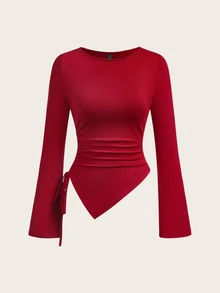 SHEIN EZwear Women's Solid Color Long-Sleeve Crew Neck T-Shirts With Ruched Side Drawstring & Asymmetric Hem (2-Pack) - Multicolor - View 5