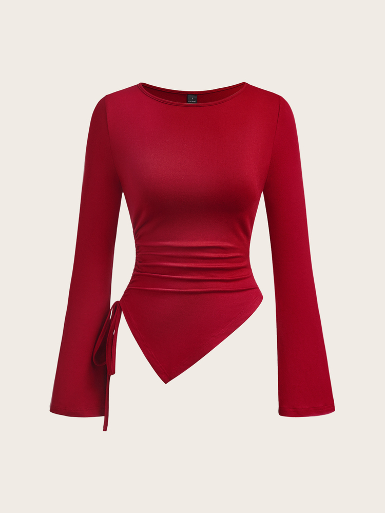 SHEIN EZwear 女款純色長袖圓領T恤，側邊抽繩抓皺設計與不對稱下擺（2件組） - 彩色 - 查看 5