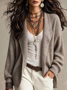 SHEIN Waterfall Collar Drop Shoulder Cardigan - Khaki - View 4