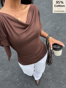 Siren Gaze 95%棉 秋冬女款寬領街頭風收腰優雅T恤 外出穿著 縮袖荷葉邊設計 修身休閒棕色上衣 派對校園 Y2K 風格 - 棕色 - 查看 7