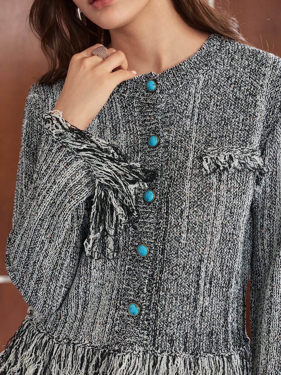 Anewsta Women's Black And White Comfortable Knit Cardigan Top For Autumn - Black and White - View 1