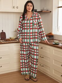 Doze Lane Minimalist Classic Red & Green Plaid Button-Down Plus Size Pajama Set, Casual Comfortable Lapel Loungewear - Multicolor - View 5