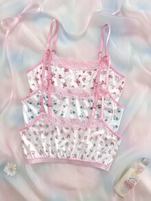 Eraneu Women's 3 Pieces Sweet Floral Pink Lace Lingerie Set - Multicolor - View 1